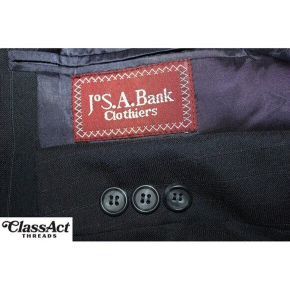 Jos A Bank 2 Piece Suit Mens Black Striped Wool 3 Btn 42L Pleated 32" W - Picture 10 of 10